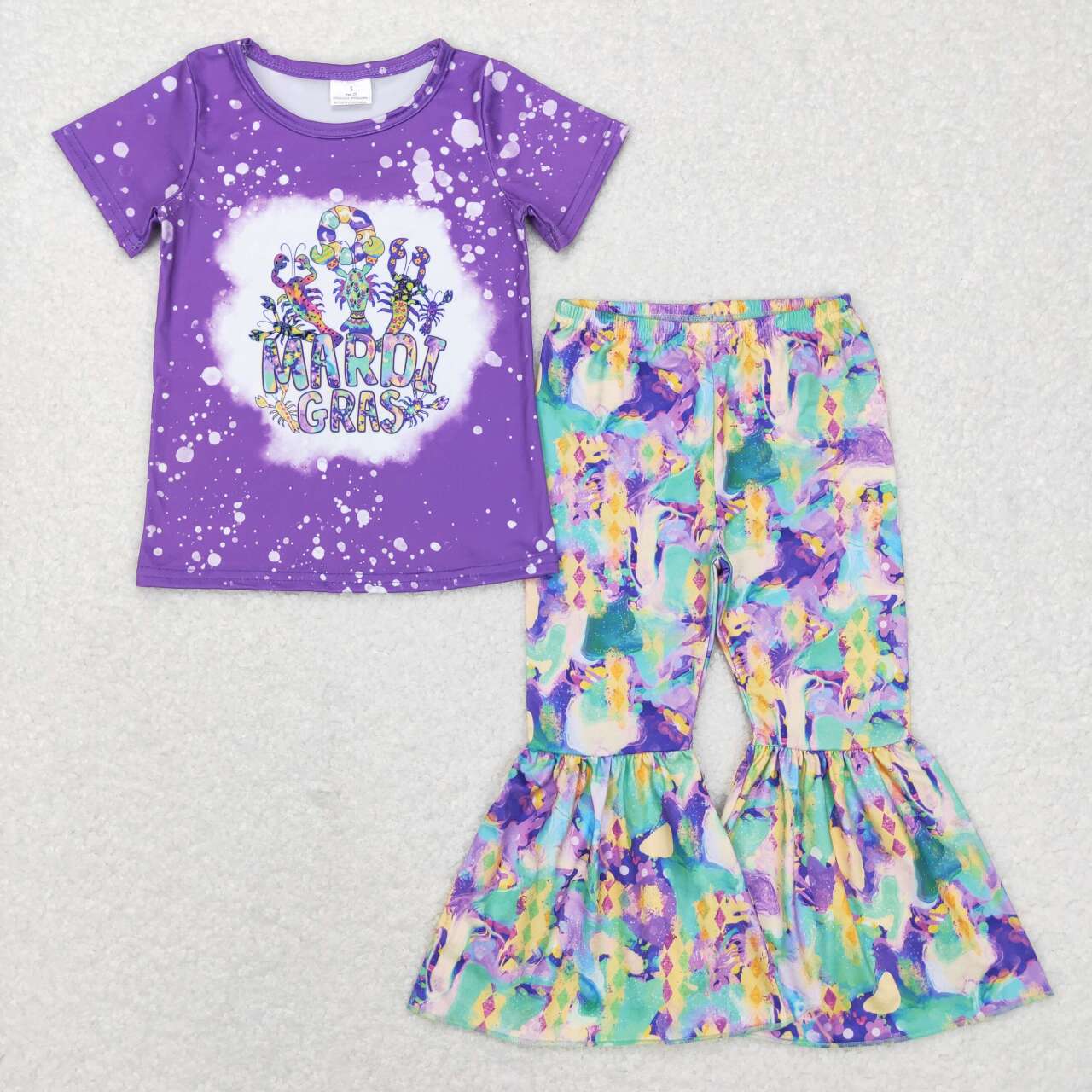 GSPO1016 Mardi Gras Crawfish Print Tie-dye Bell Pants Girls Clothes Set