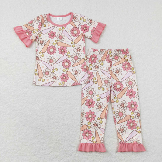 GSPO1017 Carrot Flowers Girls Easter Pajamas Clothes Set