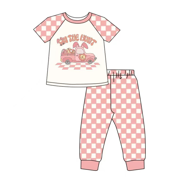 (Pre-order)GSPO1018 Egg Truck Pink Checkered Pants Girls Easter Clothes Set