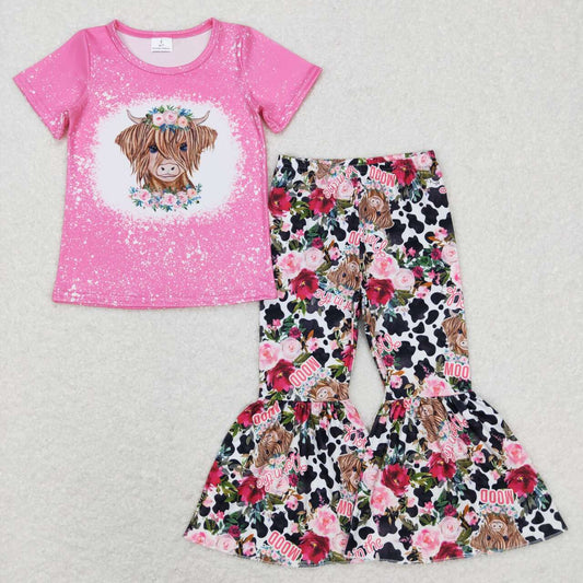 GSPO1024 Pink Flowers Highland Cow Print Girls Clothes Set