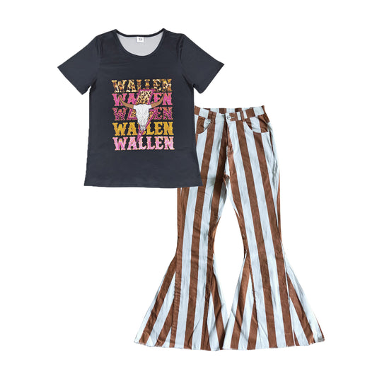 GSPO1036 Adult WALLEN Cow Skull Top Brown Stripes Denim Bell Pants Jeans Woman Western Clothes Set