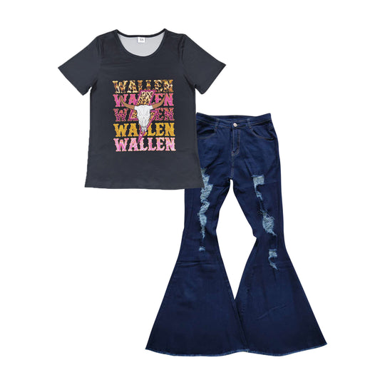 GSPO1040 Adult WALLEN Cow Skull Top Navy Hole Denim Bell Pants Jeans Woman Western Clothes Set