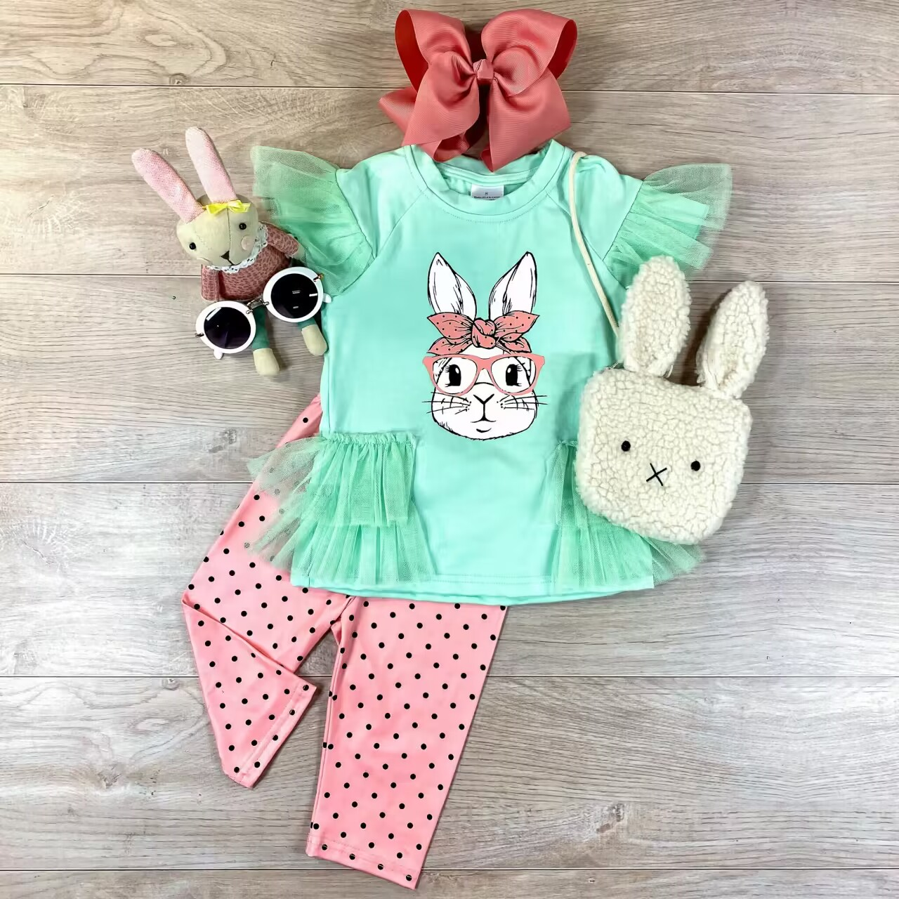 (Pre-order) GSPO1050 Bunny Tulle Top Girls Legging Pants Easter Clothes Set