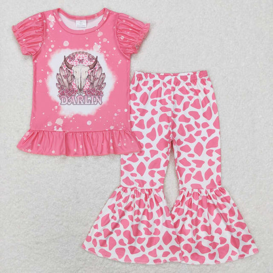 GSPO1052 Pink Darlin Cow Skull Butterfly Print Girls Western Clothes Set