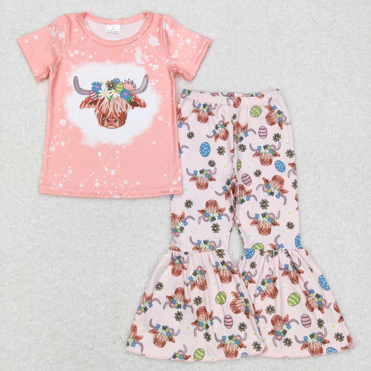 GSPO1055 Highland Cow Egg Flowers Print Girls Easter Clothes Set