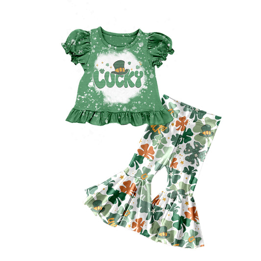 (Pre-order)GSPO1060 Green LUCKY Hat Print Girls St. Patrick's Clothes Set