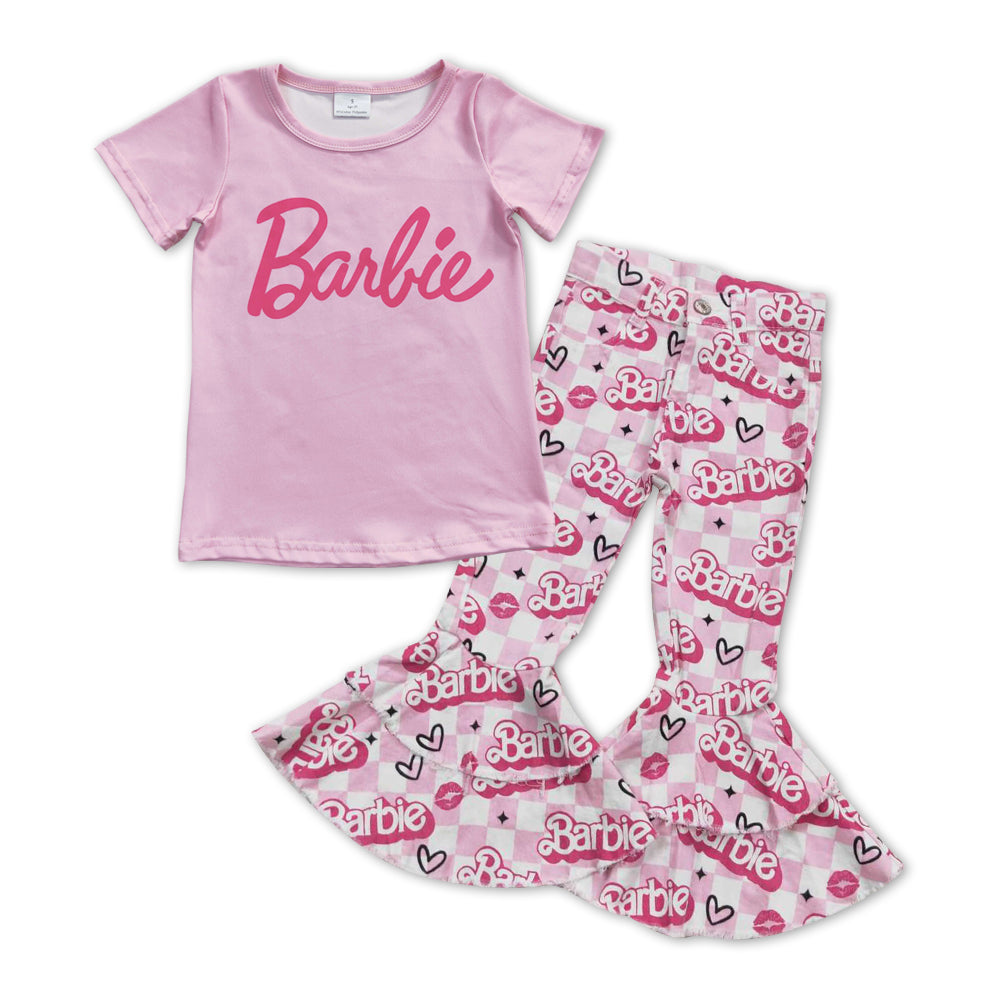 GSPO1062 Pink BA Denim Bell Jeans Girls Clothes Set