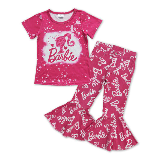 GSPO1065 Pink BA Heart Top Denim Bell Jeans Girls Clothes Set