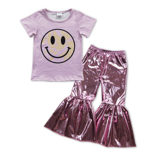 GSPO1066 Pink Smiling Face Top Bell Pants Girls Clothes Set