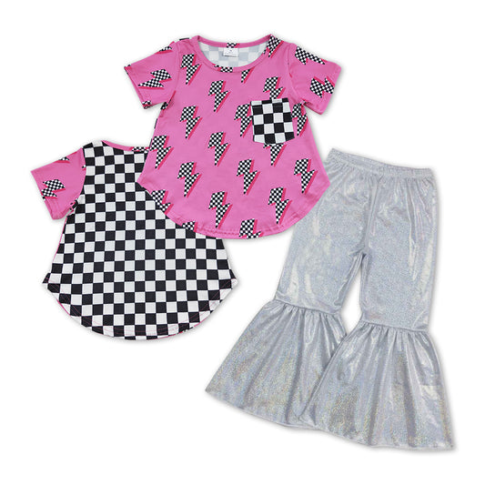 GSPO1068 Black Plaid Pocket Pink Top White Bell Pants Girls Clothes Set