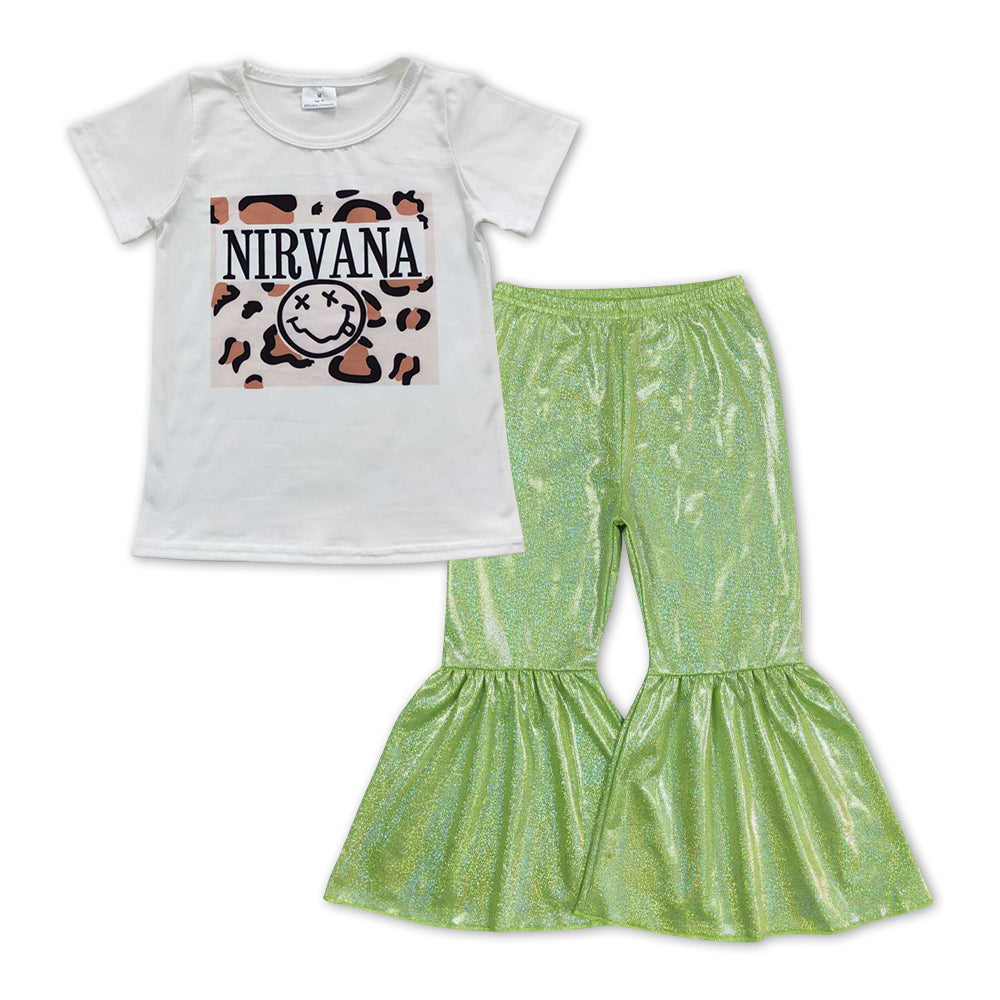 GSPO1069 Nirvana Leopard Top Green Bell Pants Girls Clothes Set