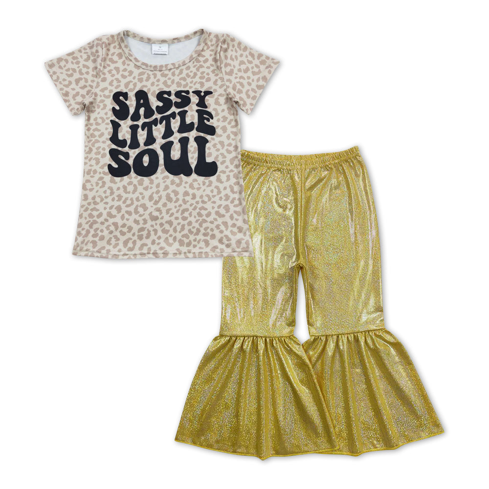 GSPO1070 Sassy Little Soul Print Leopard Top Yellow Bell Pants Girls Clothes Set