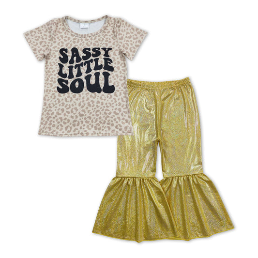 GSPO1070 Sassy Little Soul Print Leopard Top Yellow Bell Pants Girls Clothes Set