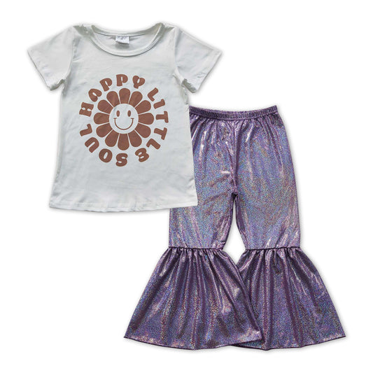 GSPO1072 Happy Little Soul Smiling Face Top Purple Bell Pants Girls Clothes Set