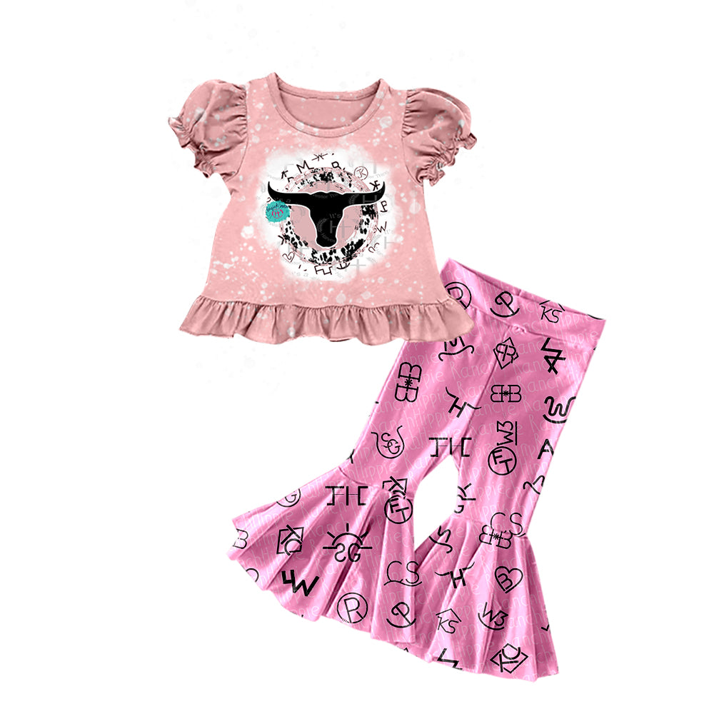 (Pre-order)GSPO1074 Pink Cow Western Print Girls Clothes Set