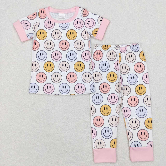 GSPO1078 Pink Smiling Face Print Girls Pajamas Clothes Set