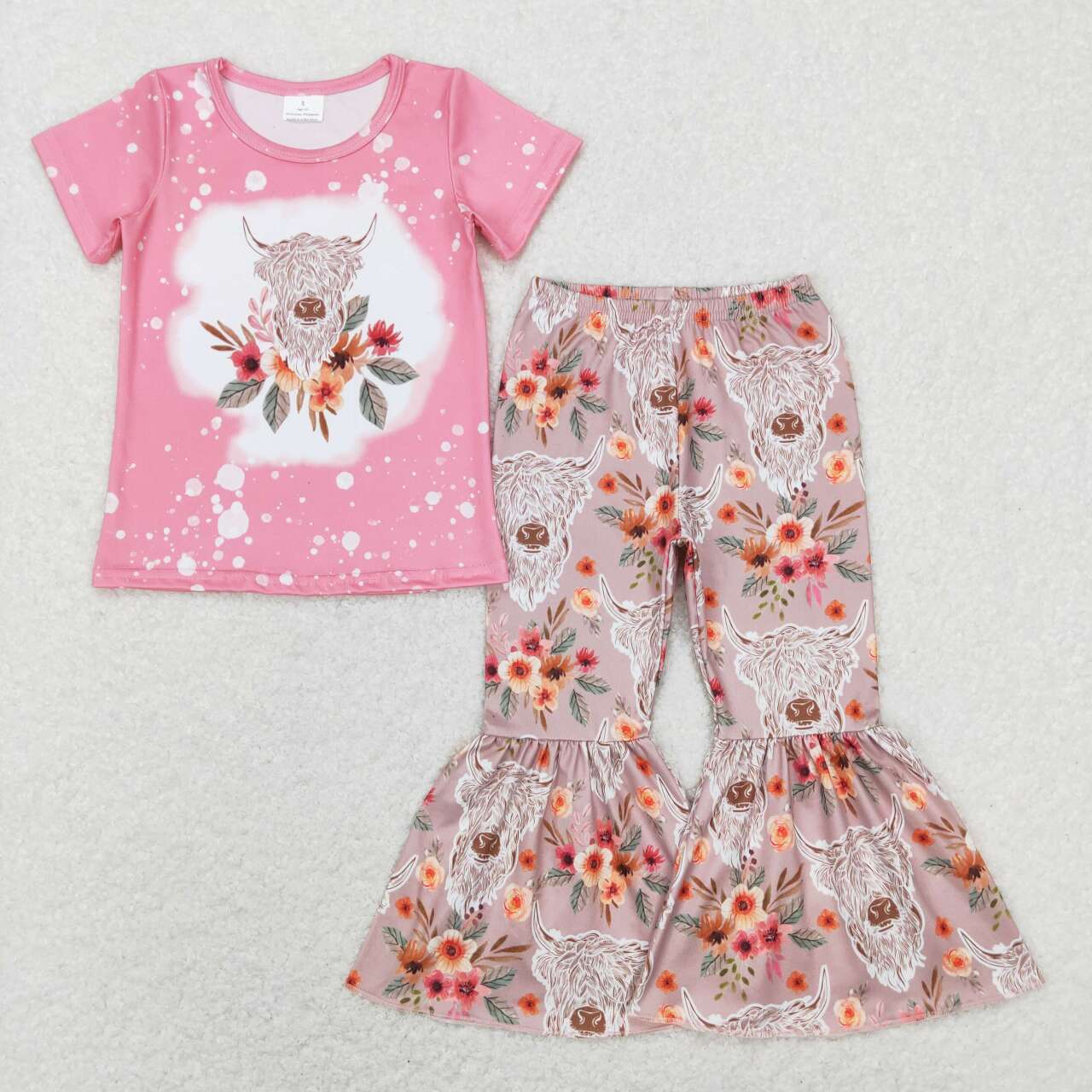 GSPO1079 Pink Highland Cow Flowers Print Girls Western Clothes Set