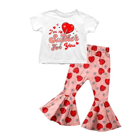 (Pre-order)GSPO1083 I'm A Sueker For You Heart Lollipop Print Girls Valentine's Clothes Set