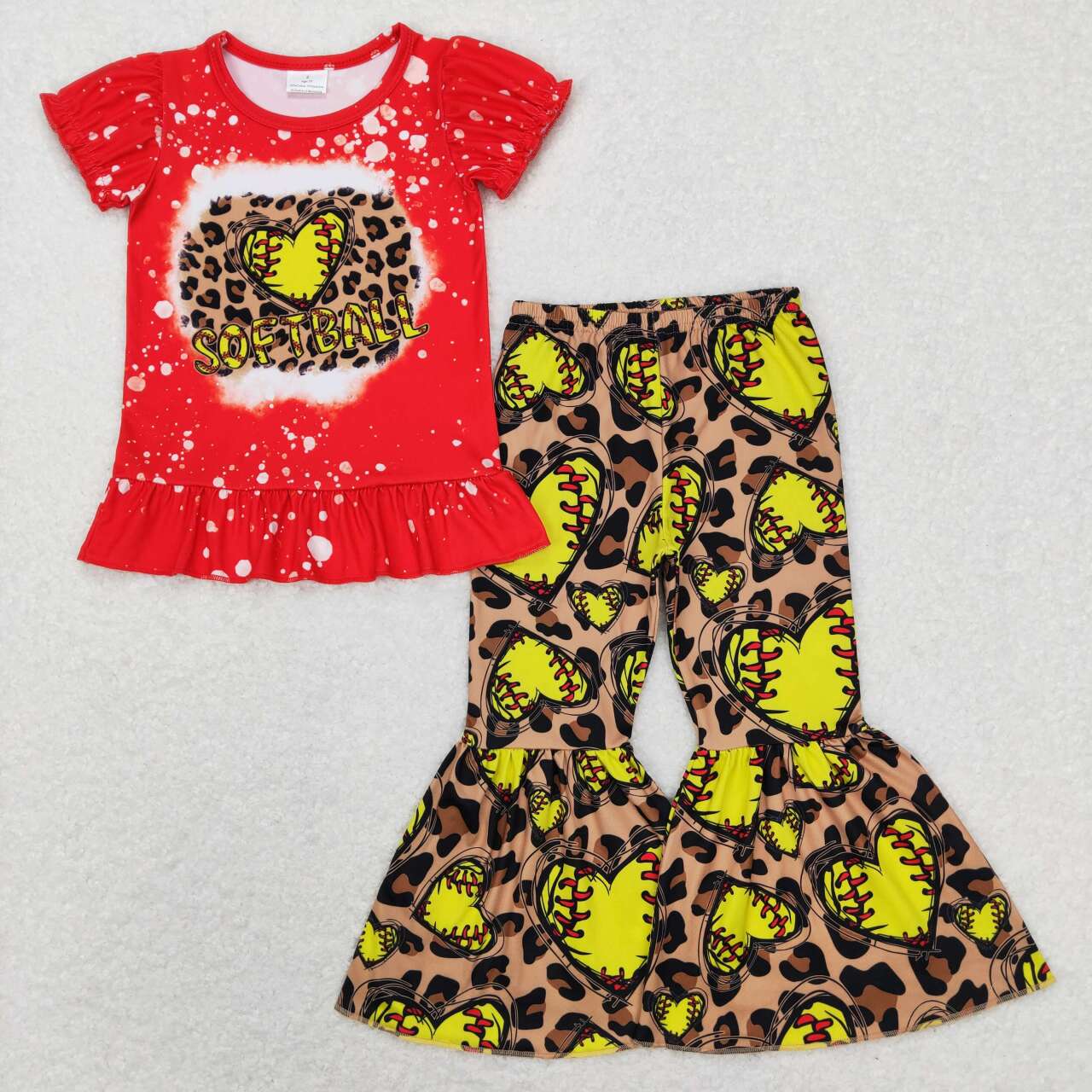 GSPO1086 Softball Leopard Heart Print Girls Clothes Set