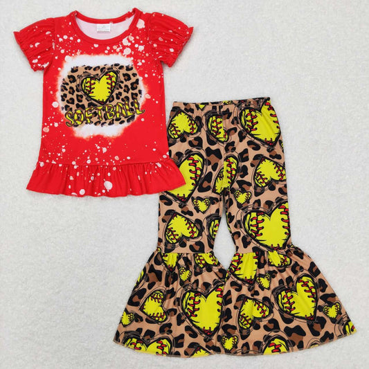 GSPO1086 Softball Leopard Heart Print Girls Clothes Set