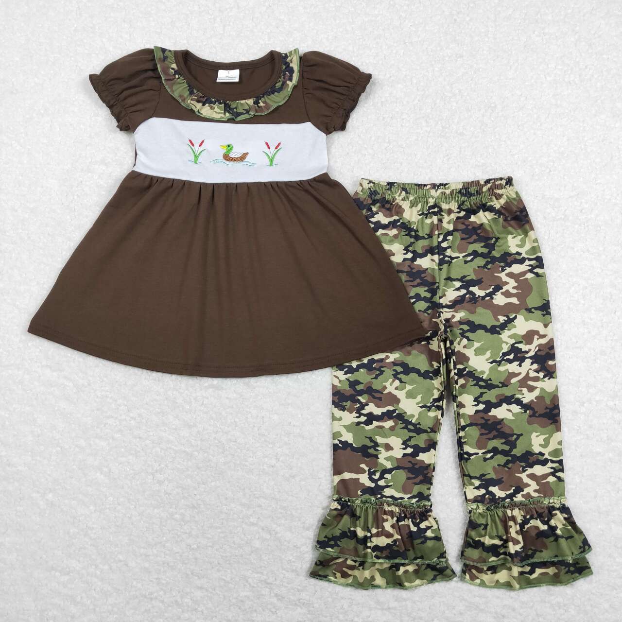 Duck Embroidery Brown Camo Print Sisters Matching Clothes