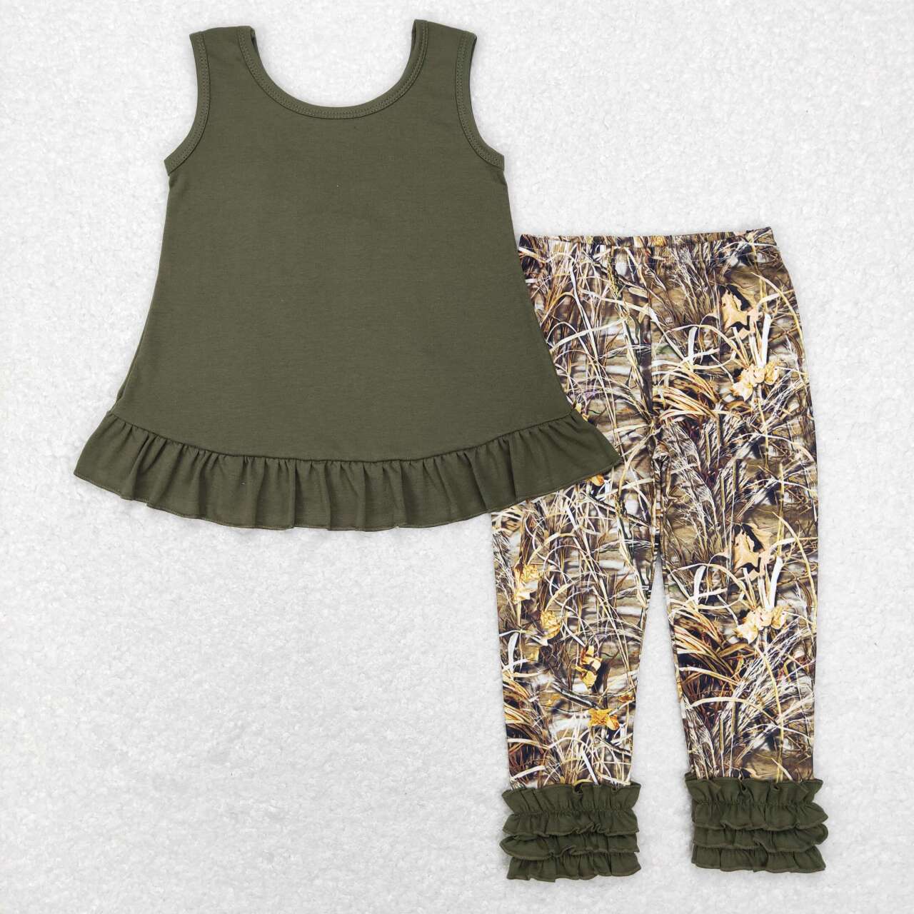 GSPO1089 Sleeveless Bow Top Camo Icing Ruffle Legging Pants Girls Clothes Set