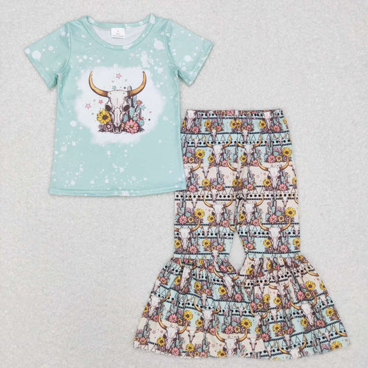 GSPO1090 Cow Skull Sunflowers Print Girls Western Clothes Set