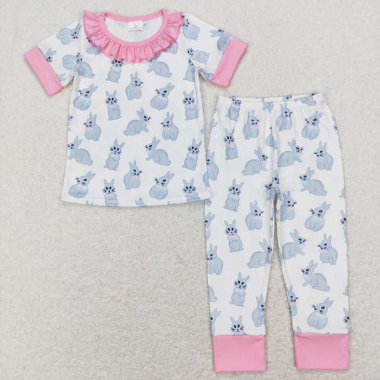 GSPO1095 Pink Bunny Print Girls Easter Pajamas Clothes Set