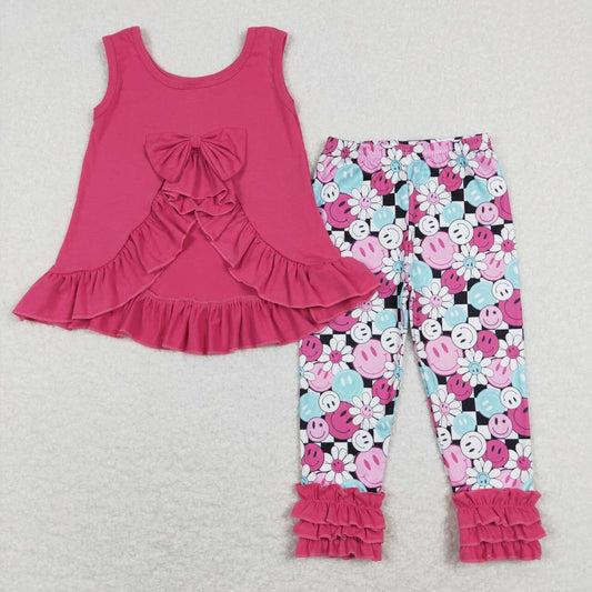 GSPO1098 Hot Pink Bow Top Smiling Face Flowers Legging Pants Girls Clothes Set