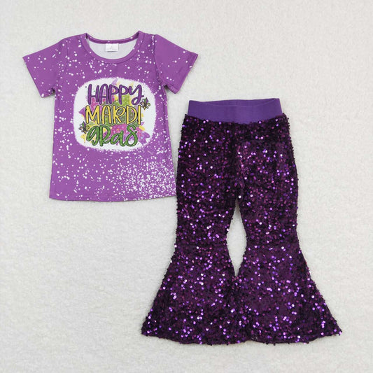 GSPO1103 Purple Happy Mardi Gras Top Sequin Bell Pants Girls Clothes Sets