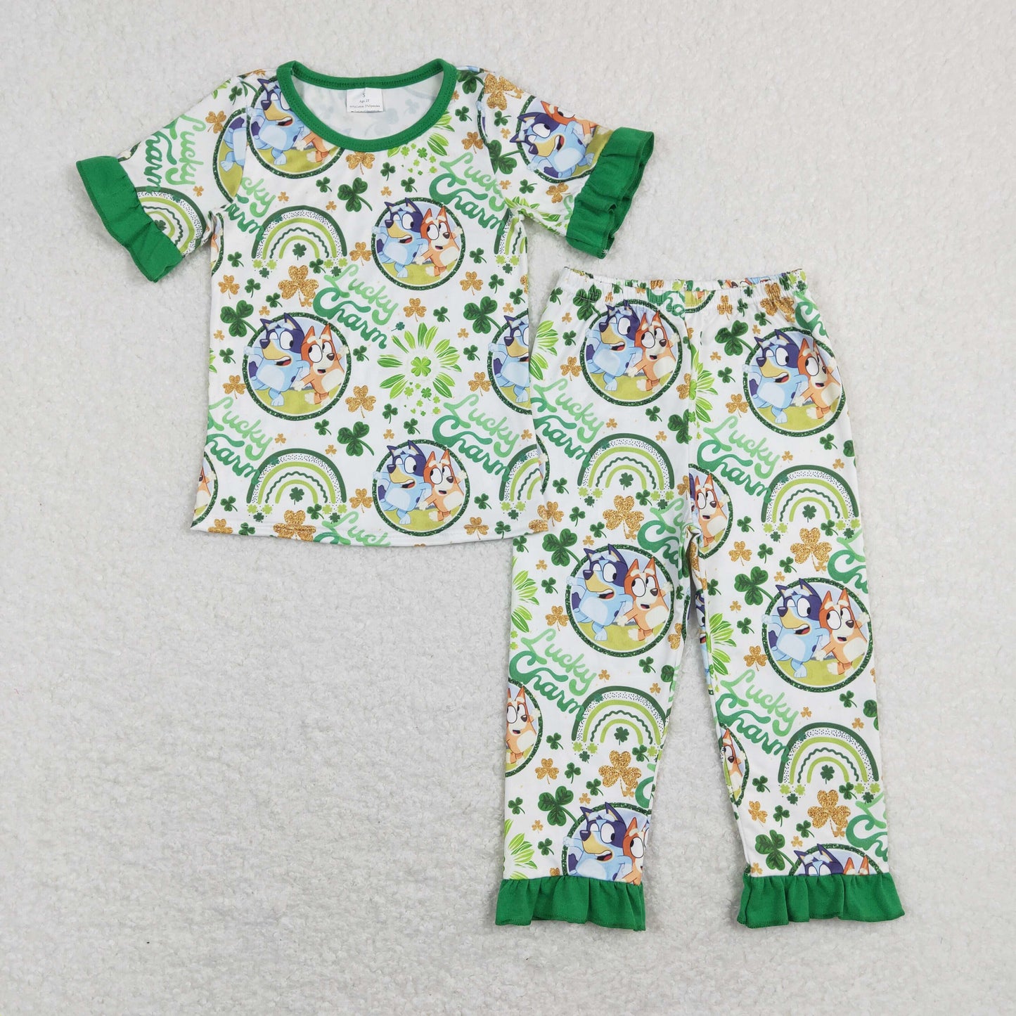 Cartoon Dog Green Quatrefoil Lucky Print Pajamas Sibling St. Patrick's Matching Clothes
