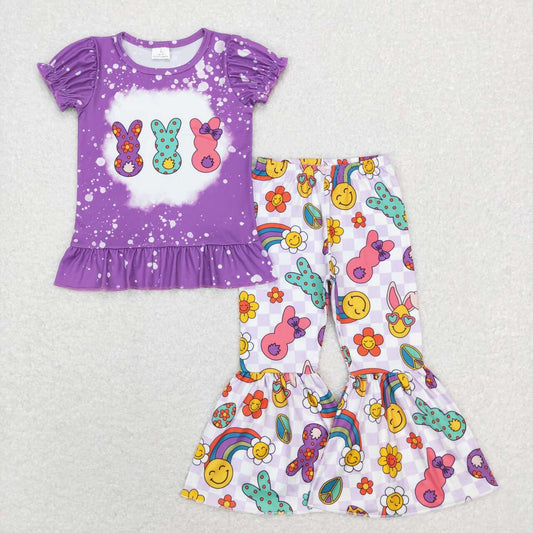 GSPO1116 Purple Rainbow Bunny Flowers Print Girls Easter Clothes Set