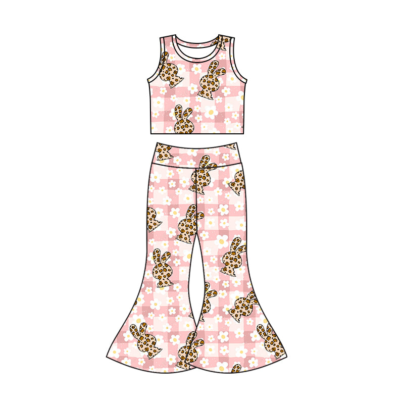 (Pre-order)GSPO1118 Flowers Leopard Bunny Print Girls Easter Clothes Set