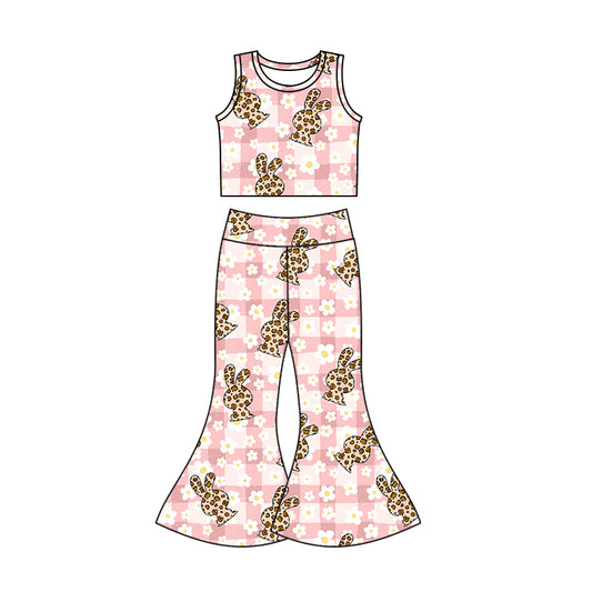(Pre-order)GSPO1118 Flowers Leopard Bunny Print Girls Easter Clothes Set
