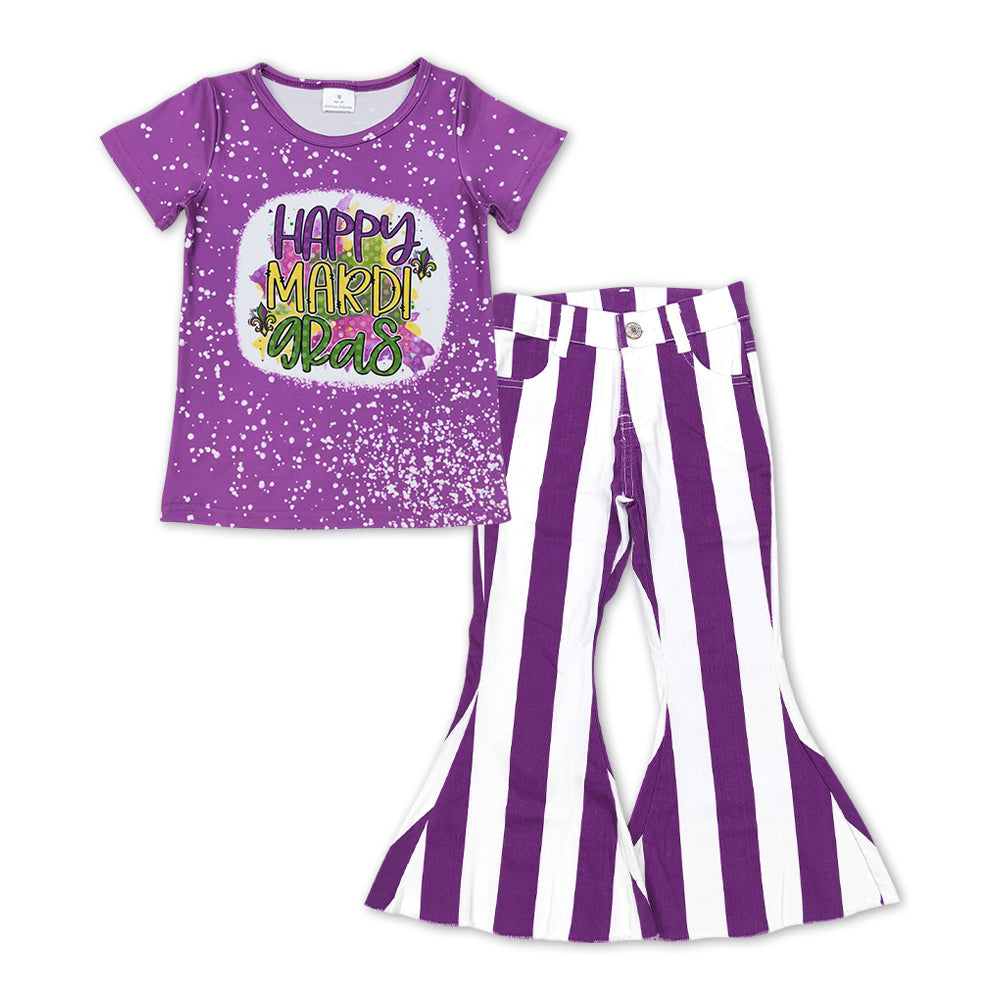 GSPO1123 Purple Happy Mardi Gras Print Top Stripes Denim Bell Jeans Girls Clothes Set