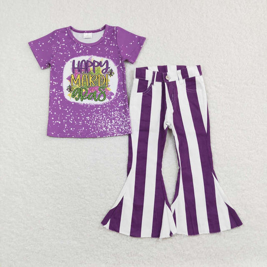 GSPO1123 Purple Happy Mardi Gras Print Top Stripes Denim Bell Jeans Girls Clothes Set