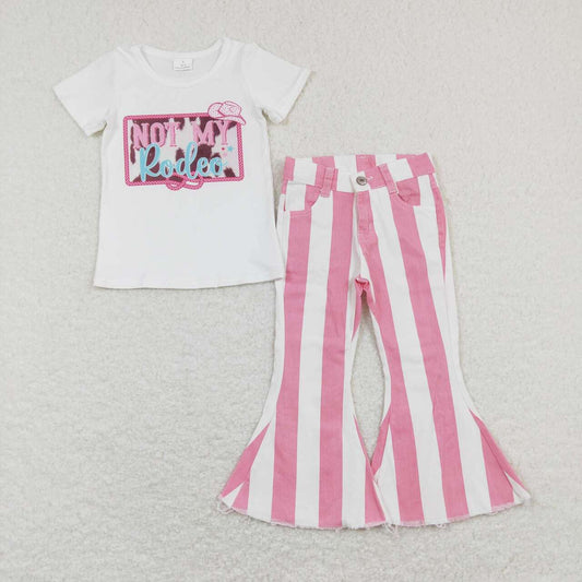 GSPO1129 Western Pink NOT MY RODEO Print Top Stripes Denim Bell Jeans Girls Clothes Set