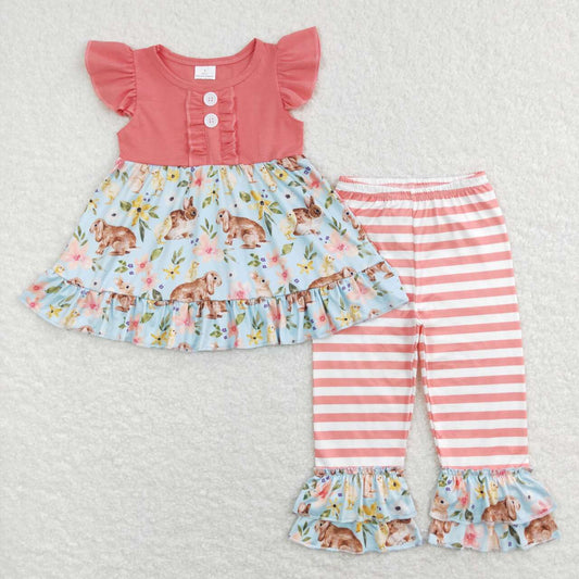 GSPO1132 Flowers Bunny Tunic Top Ruffles Pants Girls Easter Clothes Set