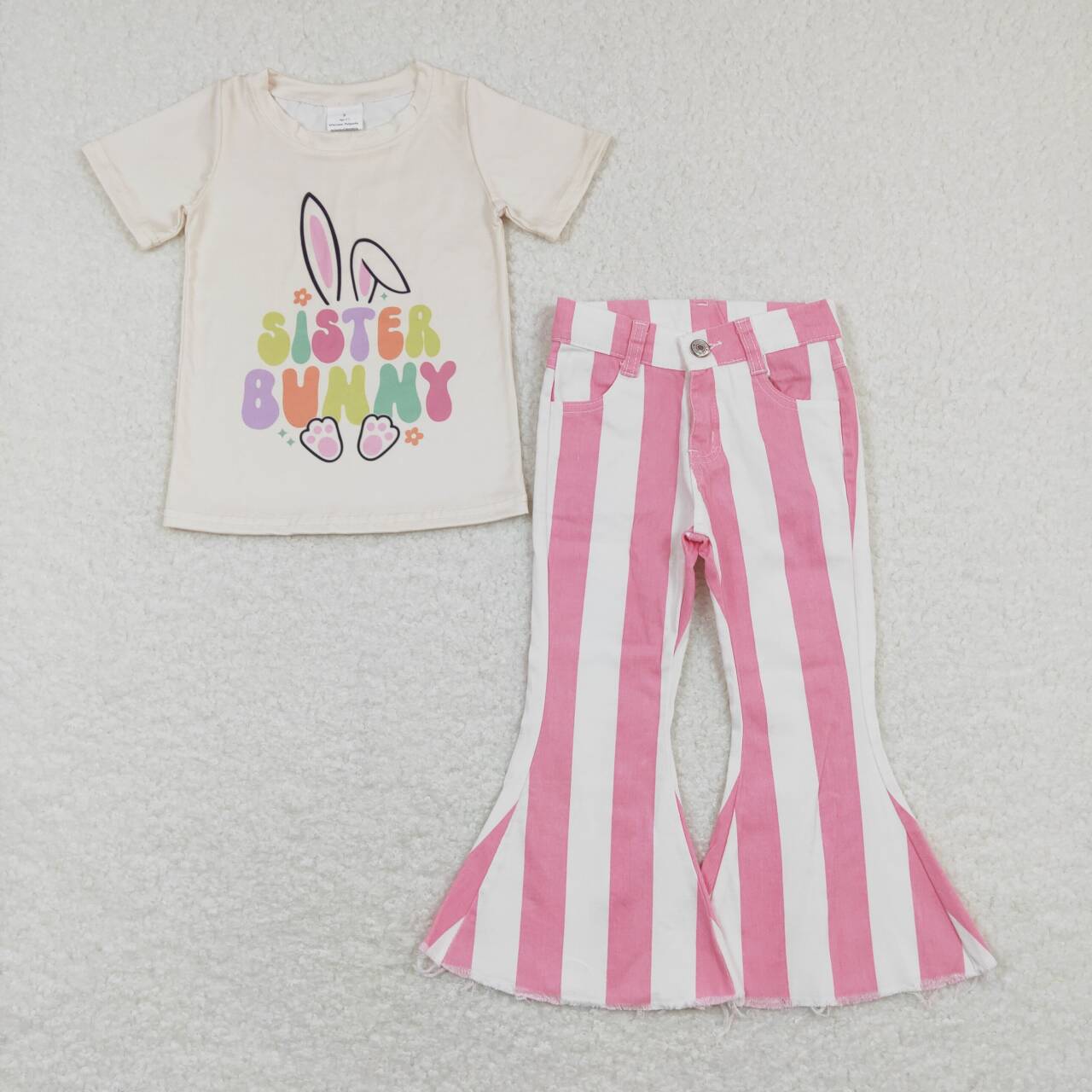 GSPO1133 Sister Bunny Top Pink Stripes Denim Bell Jeans Girls Easter Clothes Set