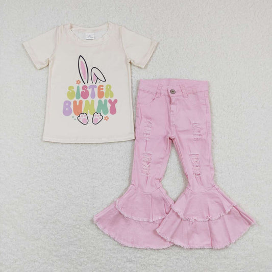 GSPO1134 Sister Bunny Top Pink Hole Denim Bell Jeans Girls Easter Clothes Set