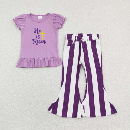 GSPO1135 He is Risen Cross Embroidery Purple Top Stripes Denim Bell Jeans Girls Easter Clothes Set