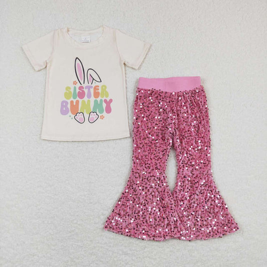 GSPO1138 Sister Bunny Top Pink Sequin Bell Pants Girls Easter Clothes Sets