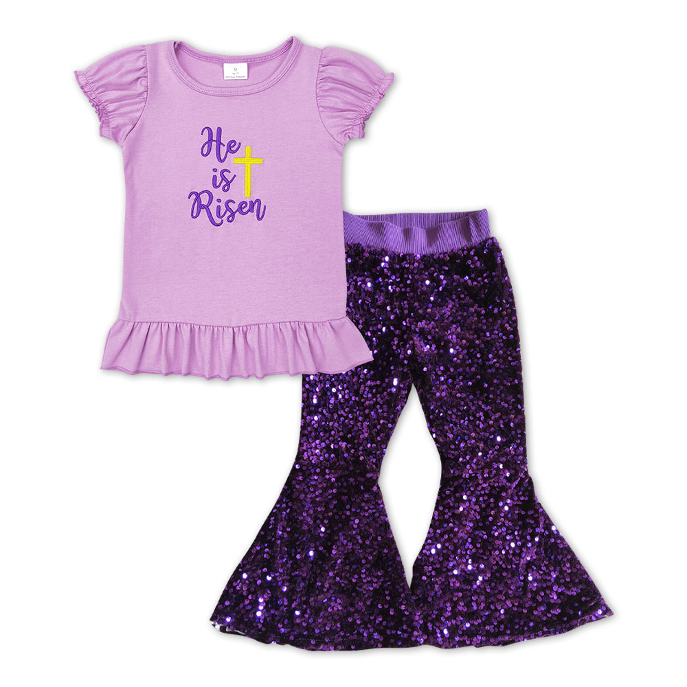 GSPO1139 He is Risen Cross Embroidery Top Purple Sequin Bell Pants Girls Easter Clothes Sets