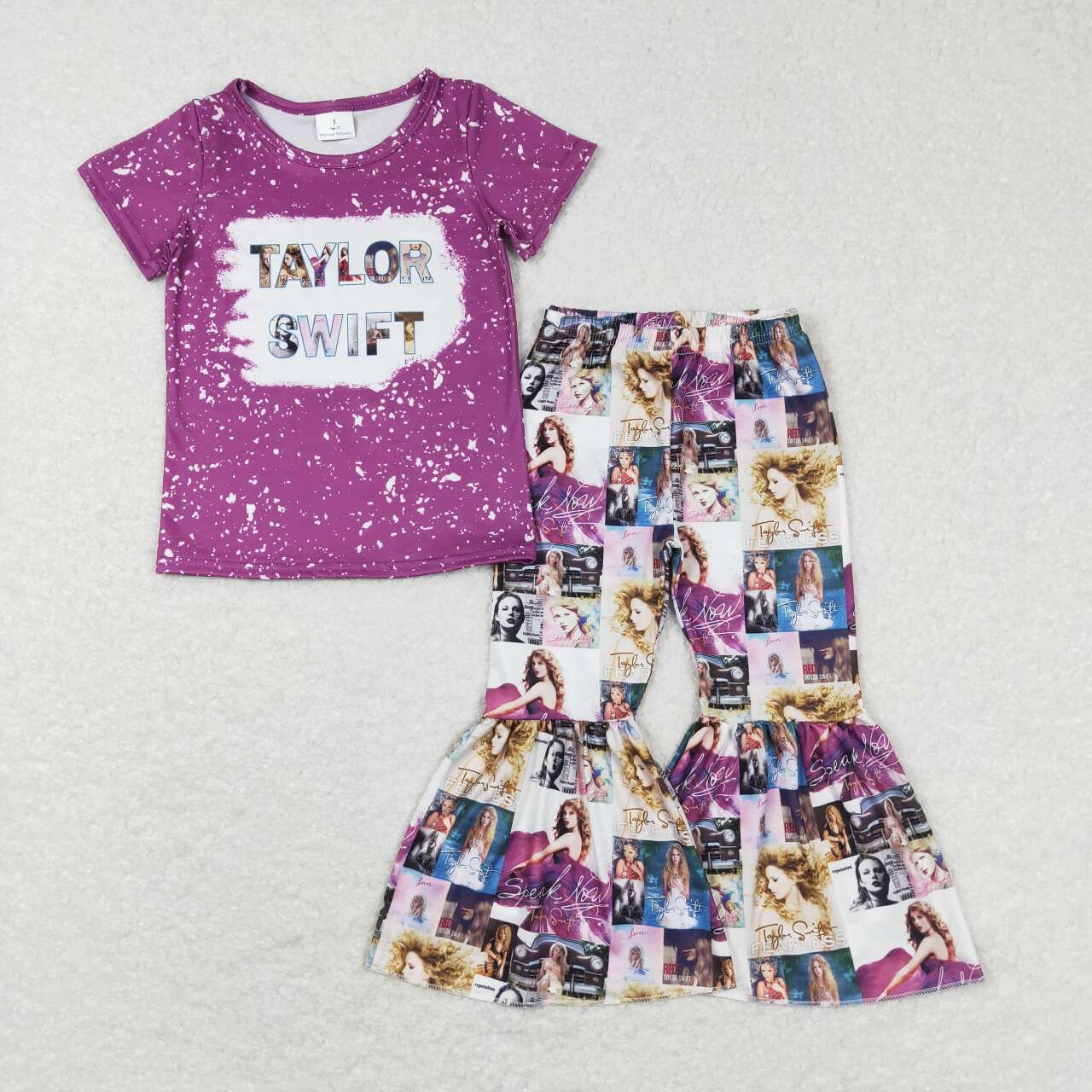 GSPO1140 Purple Singer Print Bell Pants Girls Clothes Set