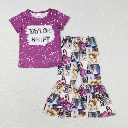 GSPO1140 Purple Singer Print Bell Pants Girls Clothes Set