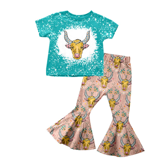(Pre-order)GSPO1142 Flowers Cow Print Girls Clothes Set