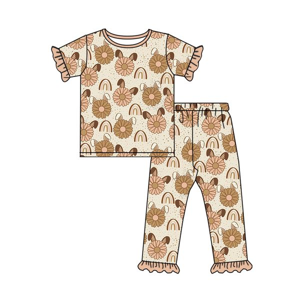 (Pre-order)GSPO1155 Flowers Ears Rainbow Print Girls Easter Pajamas Clothes Set