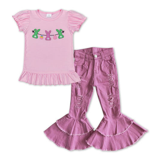 GSPO1158 Pink Bunny Egg Embroidery Top Hole Denim Bell Jeans Girls Easter Clothes Set