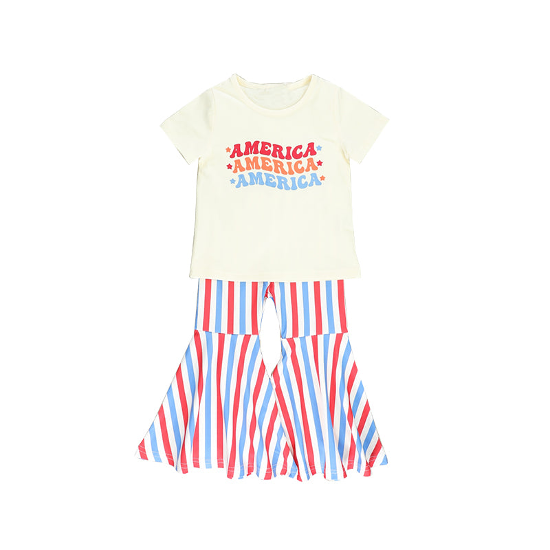 (Pre-order)GSPO1162 America Top Stripes Bell Pants Girls 4th of July Clothes Set