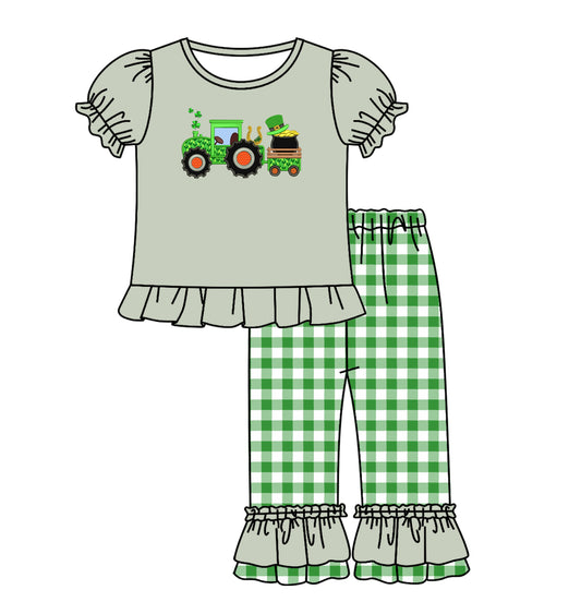 (Pre-order)GSPO1168 Quatrefoil Tractors Grey Top Plaid Pants Girls St. Patrick's Clothes Set